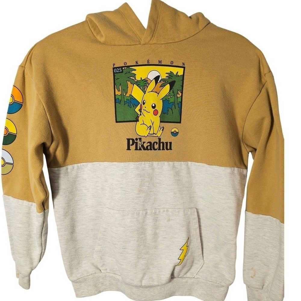 Pokemon Pikachu Hoodie Mustard Yellow Gray Colorblock Poke Balls Boys XL Kids